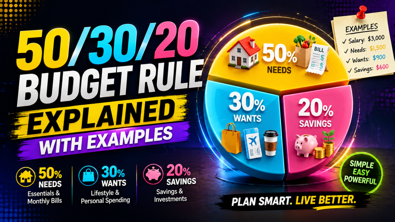 Illustration showing the 50/30/20 budget rule with needs, wants, and savings categories
