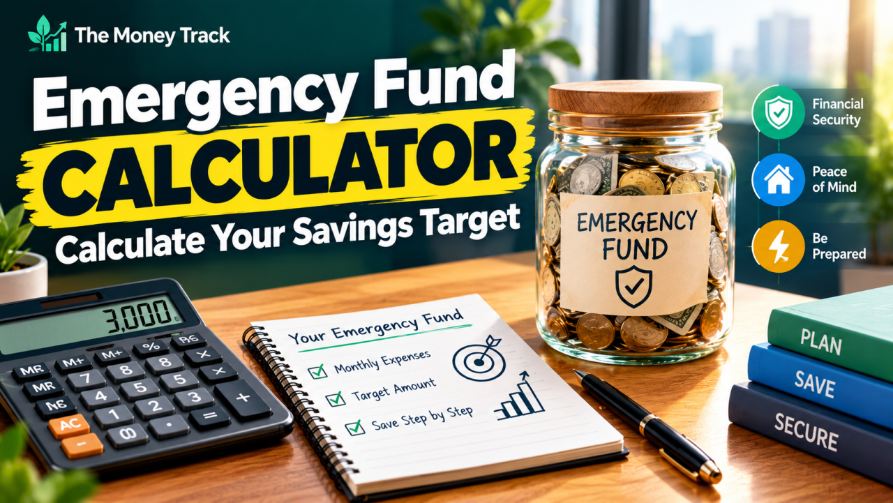 Person calculating an emergency fund savings target using monthly expenses, a calculator, and a personal finance budget