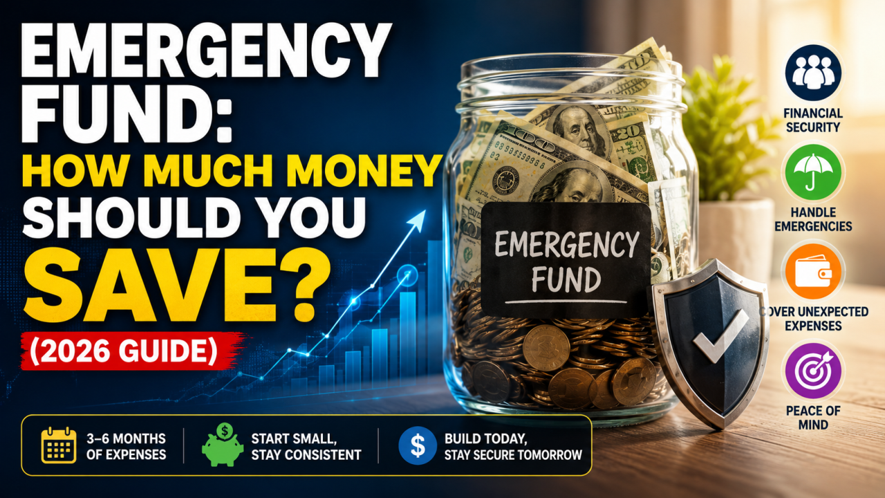 Person calculating emergency fund savings with a calculator, notebook, and cash
