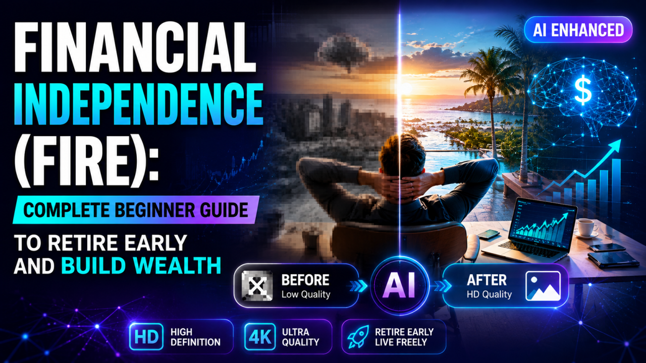 Person planning Financial Independence (FIRE) with savings, investments, calculator, and retirement planning documents.