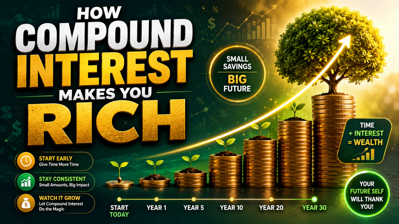 Illustration showing compound interest growth with coins, investments, and an upward financial chart