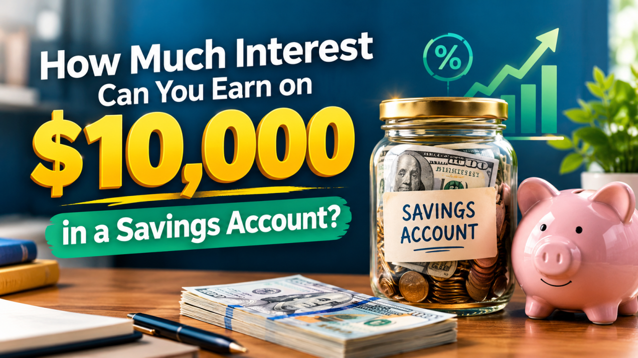 Calculator and savings account balance showing how much interest $10,000 can earn at different annual interest rates