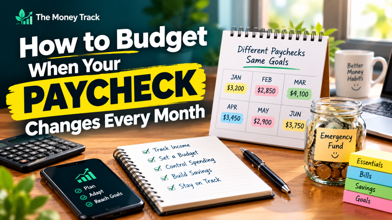 Person planning a monthly budget with changing paycheck amounts, essential bills, savings, and a variable income tracker