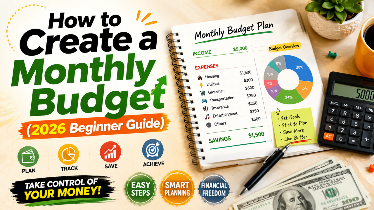 Person creating a monthly budget using a laptop, calculator, and expense tracker