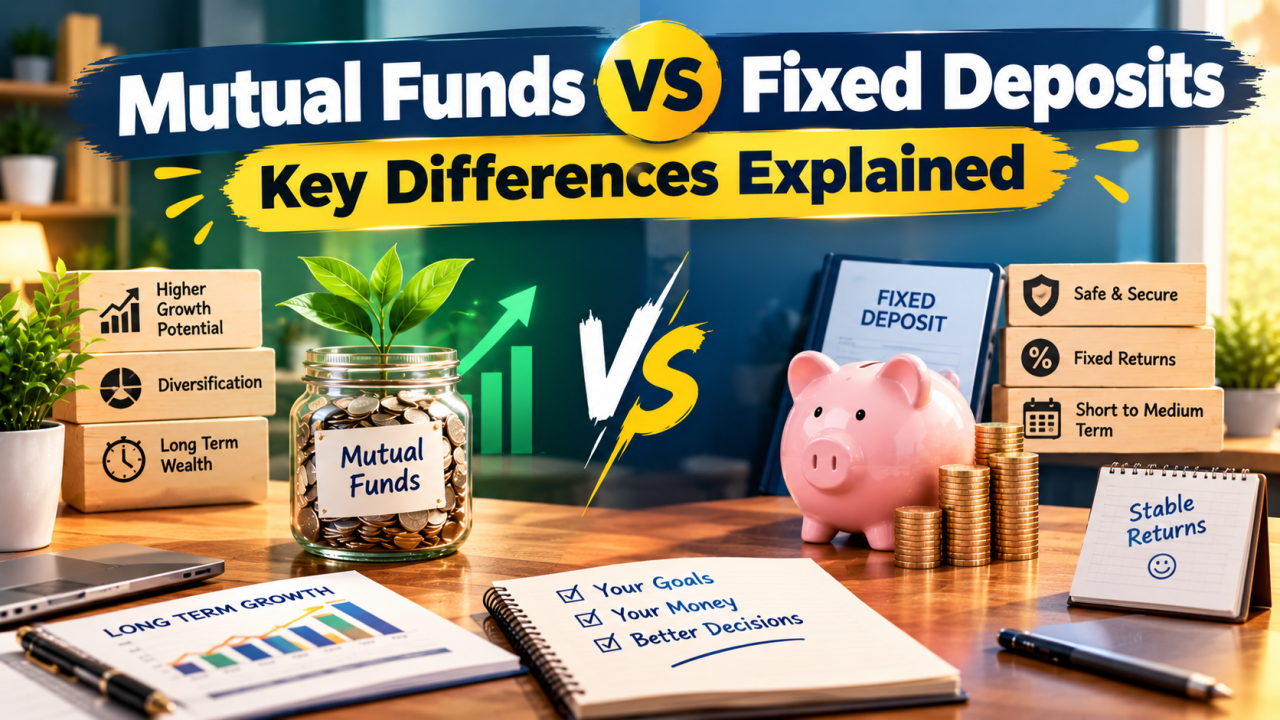 Mutual funds vs fixed deposits comparison showing returns, risk, taxation, and investment features