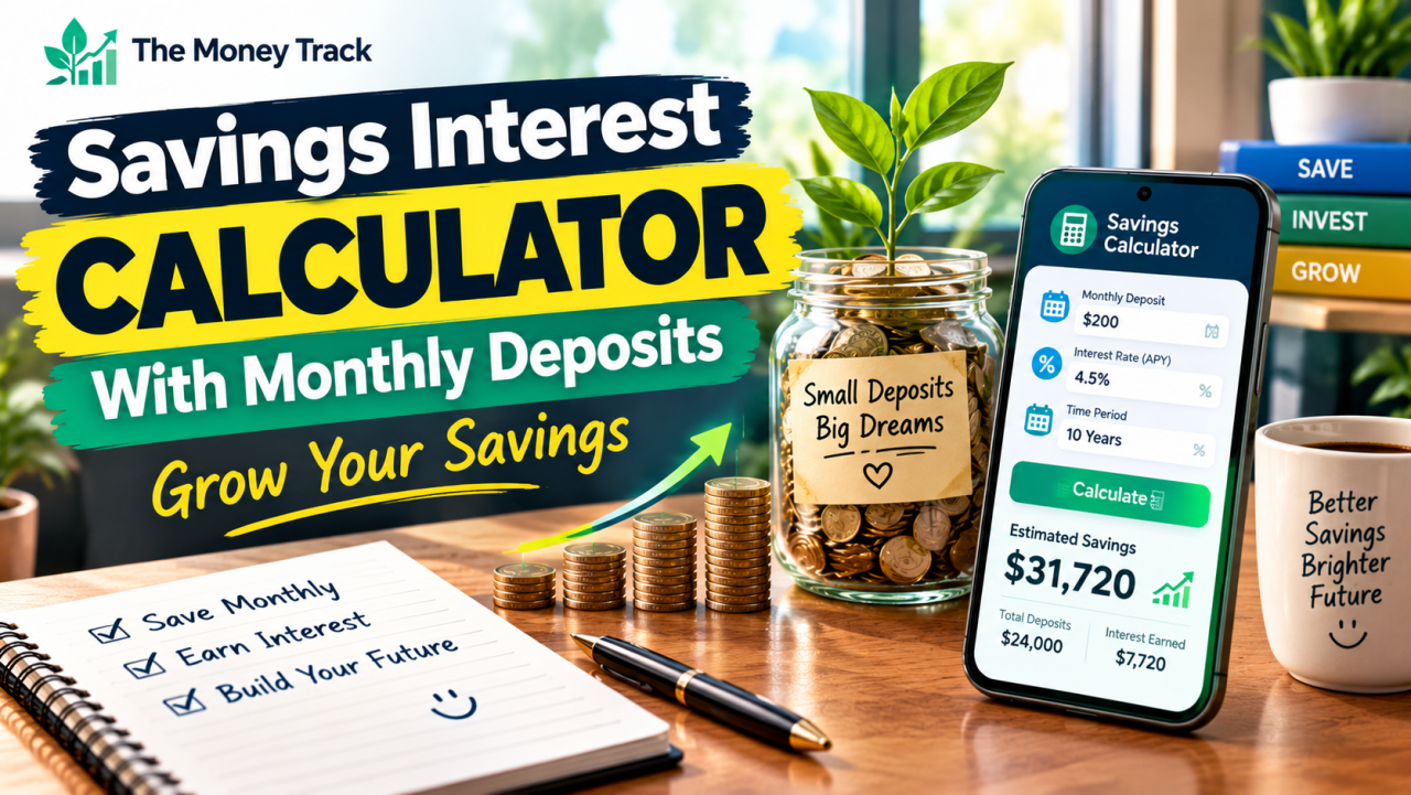 Savings interest calculator with monthly deposits showing savings growth, monthly contributions and interest earned in Indian rupees