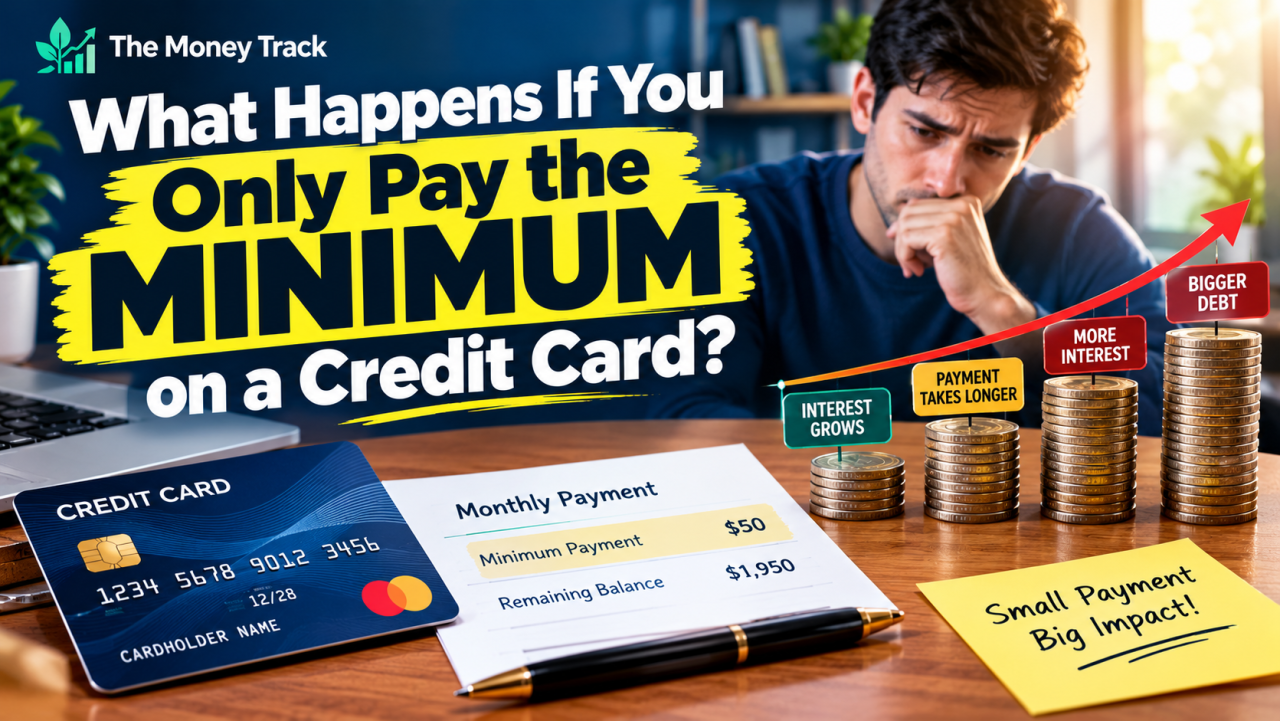 Person reviewing a credit card bill and calculating minimum payment, outstanding balance, and interest costs